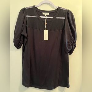 Heartloom black Blouse with sheer section at top t shirt. Pouf sleeves.